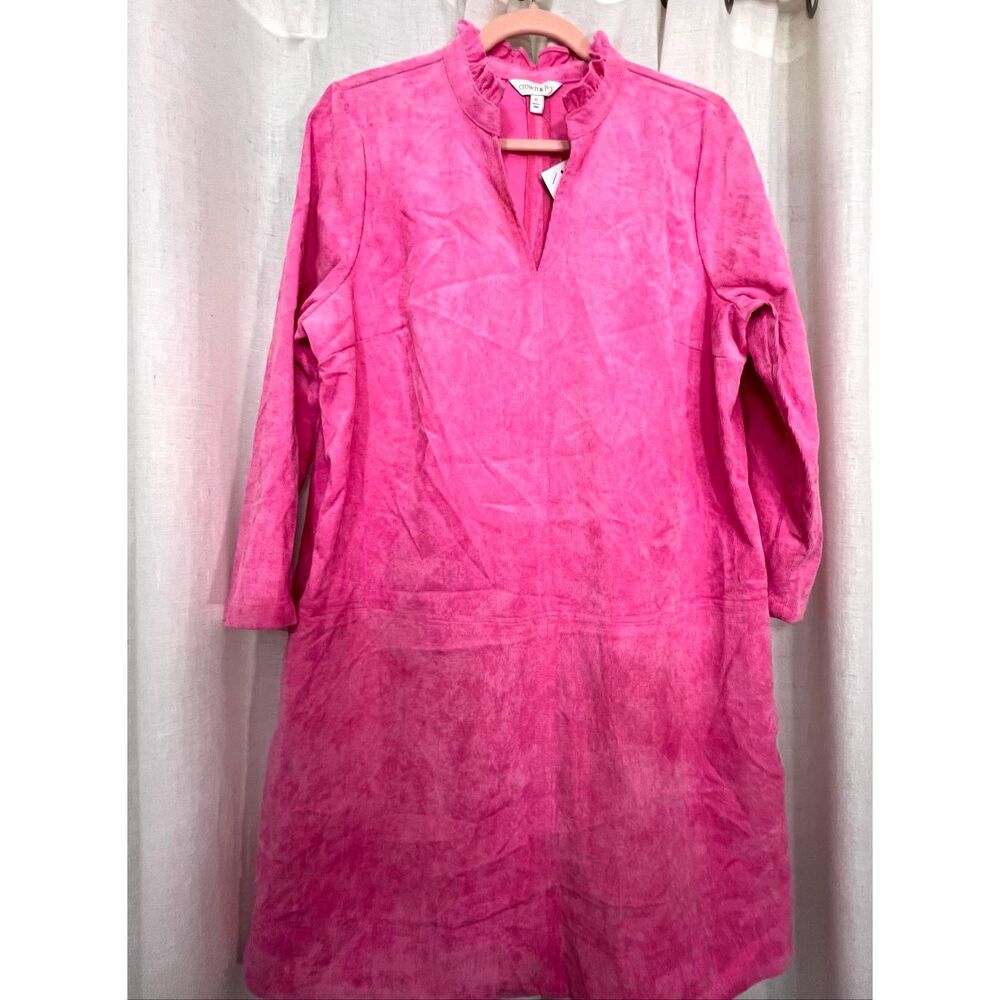 NWT Crown & Ivy Women's V-Neck Corduroy 3/4 Sleeve Shift Dress Pink Size XL